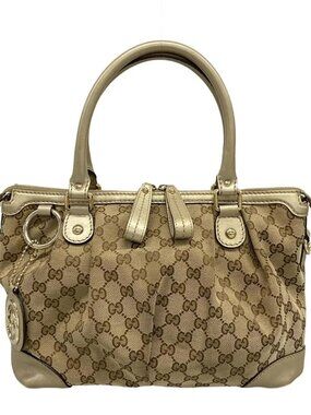 GUCCI GG/Sukey 247902 Gold Beige Dark Brown Jacquard Leather Handbag